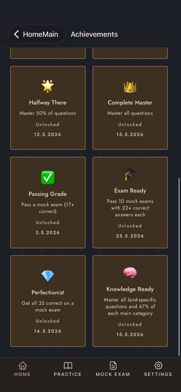 Achievements screen — Halfway There, Complete Master, Passing Grade, Exam Ready, Perfectionist, Knowledge Ready.