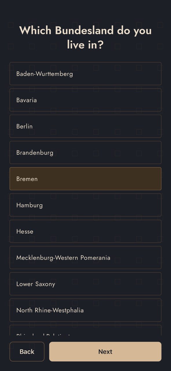 Onboarding — pick your Bundesland to unlock state-specific questions.
