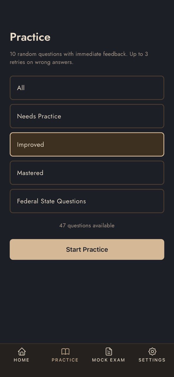 Practice mode setup — filter questions by All, Needs Practice, Improved, Mastered, or Federal State.